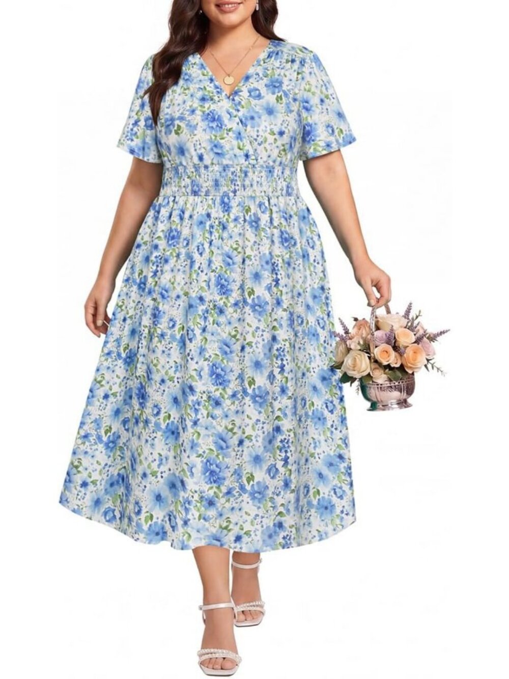 Plus Size Floral Boho Maxi Dress for Curvy Women - V Neck, Short Sleeve, Smocked